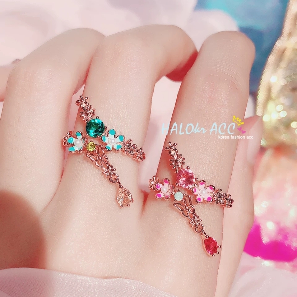 rose gold adjustable ring- green